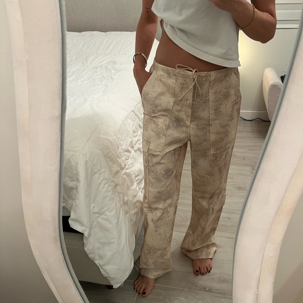 Zara Tan Wide-Leg Trousers Relaxed Lightweight Cargo